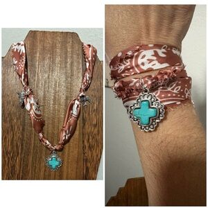 Handmade silky tie on distressed bandana charm necklace/bracelet rust color
